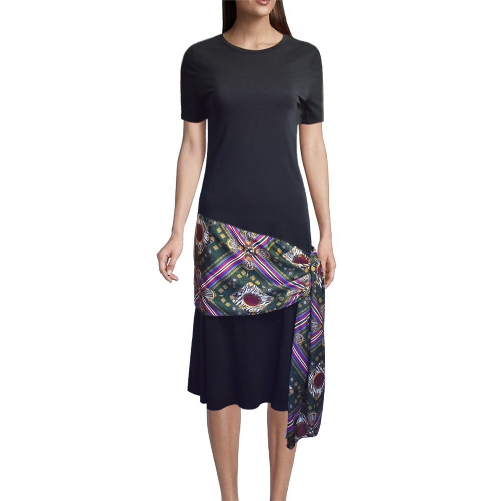 Zara Women’s Dress Black Knit Shirtdress Silk Hip Scarf Short Sleeve Size S